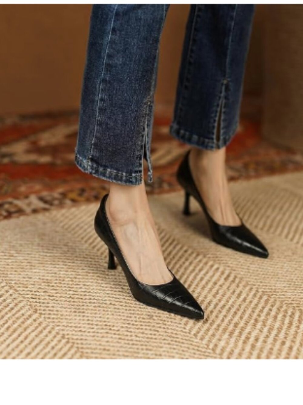FOWT Black Solid Croc-Embossed Pointed Toe Pumps Women Dressy Slip on Shoes